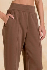 Elastic Waist Piping Detail Wide Leg Pants Light Brown