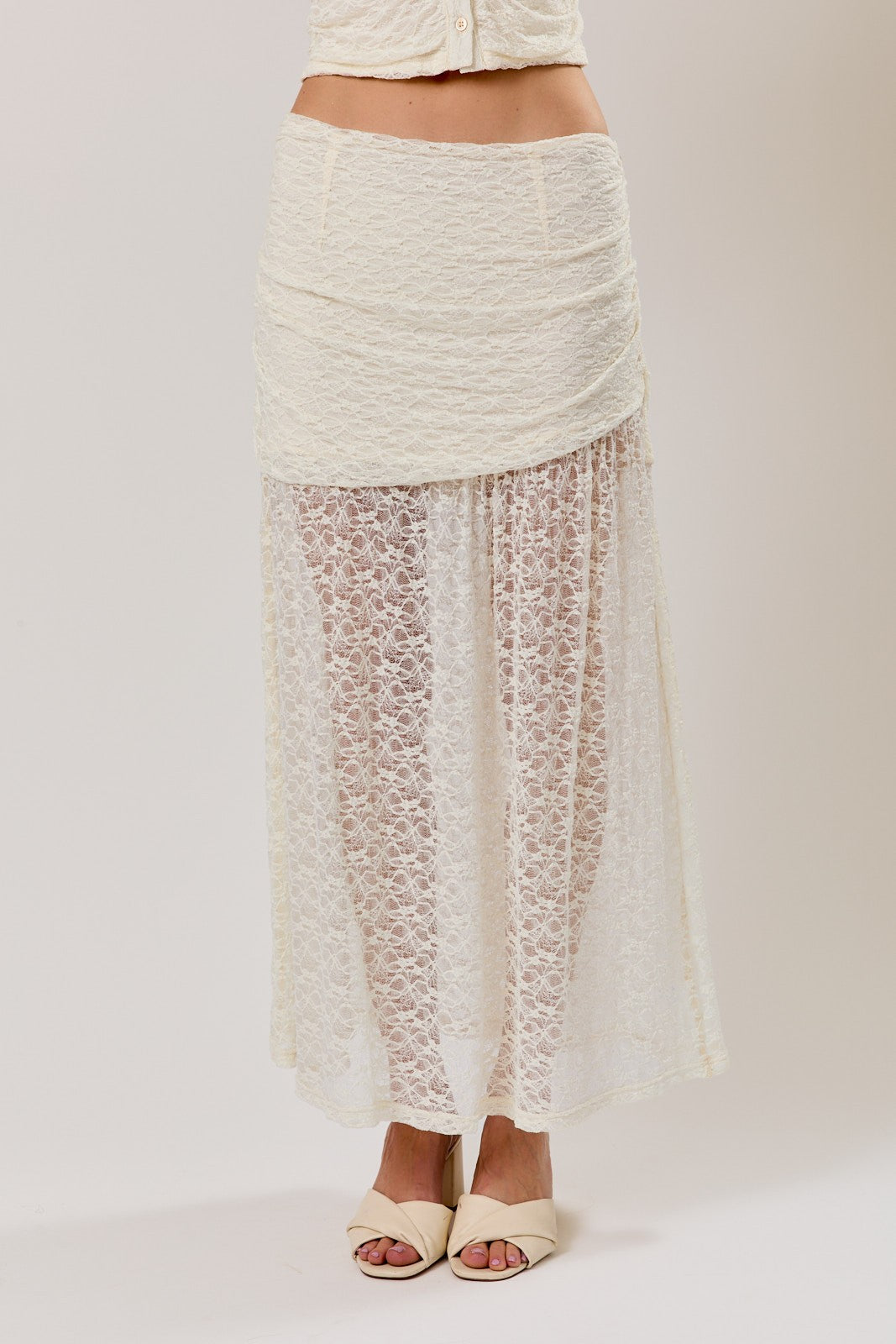 Ruched Asymmetrical Drop Waist Lace Midi Skirt Cream