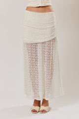 Ruched Asymmetrical Drop Waist Lace Midi Skirt Cream