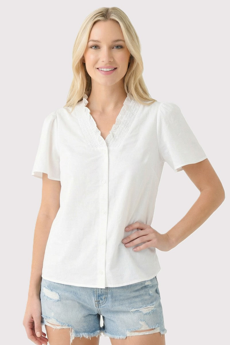 Ruffle Smock Neck Button Down Flutter Top Ivory