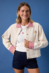 Dog Embroidered Denim Cropped Barn Jacket Ivory