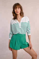 Buttoned Vneck Stripe Sweater White + Green