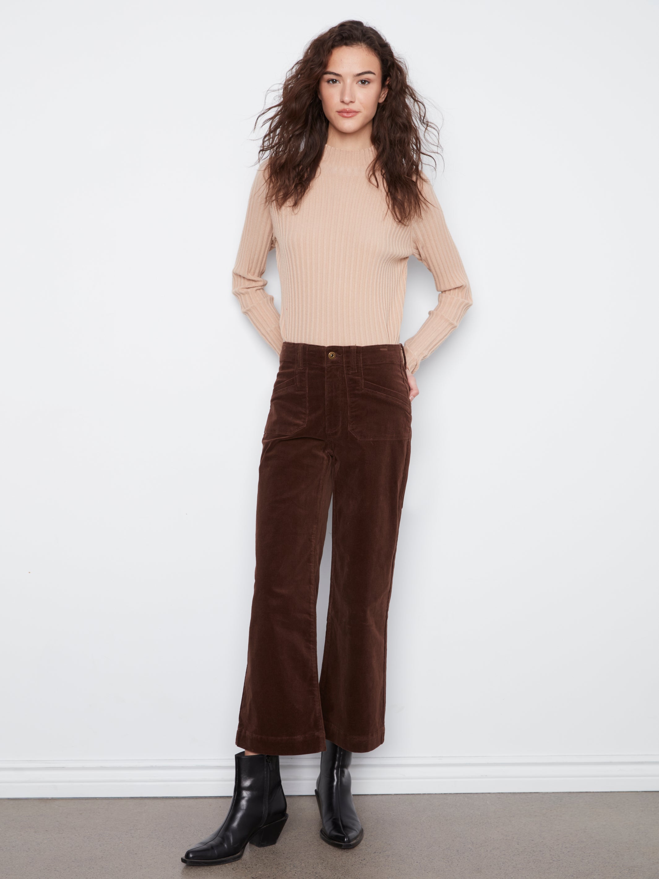 Cropped Wide Leg Patch Pocket Corduroy Pants Coffee