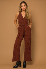 Faux Wrap Wide Leg Tied Waist Abstract Jumpsuit Brown