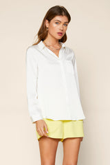 Satin Button Down Single Pocket Shirt Off White