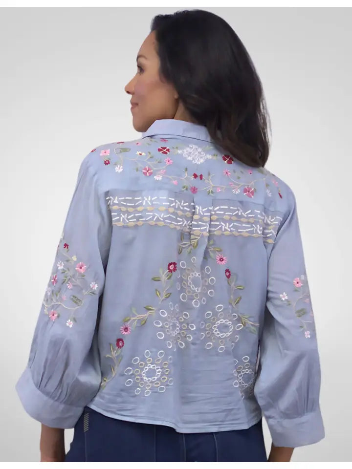 Casey Embroidered Blouse Blue Fog