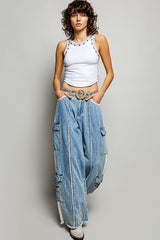 Lace Trim Relax Fit Twill Cargo Pants Denim