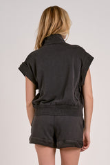 Cap Sleeve Oversize Zipper Vest Black