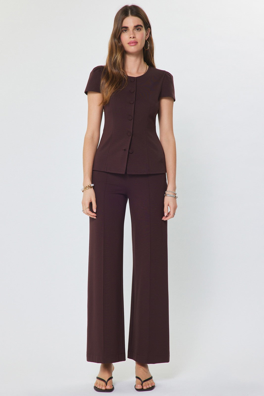 Tailored Ruched Shoulder Buttoned Top Chocolate