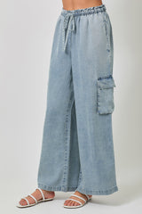 Tencel Wide Leg Cargo Pants Denim Blue