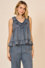 Chambray Ruffle Tank Dark Denim