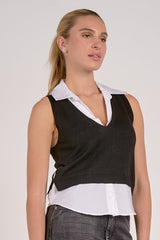 Layered Sleeveless Collared Sweater Top Black