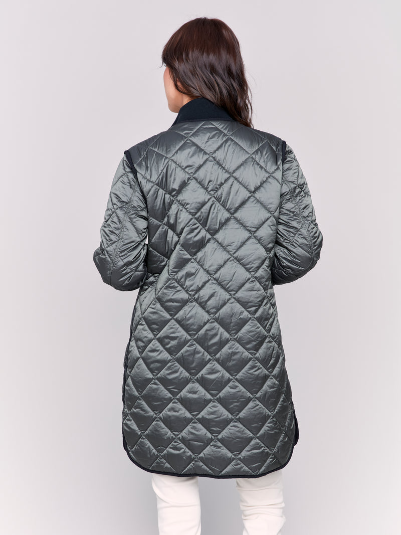 Leather Trim Reversible Quilted Puffer Jacket Black