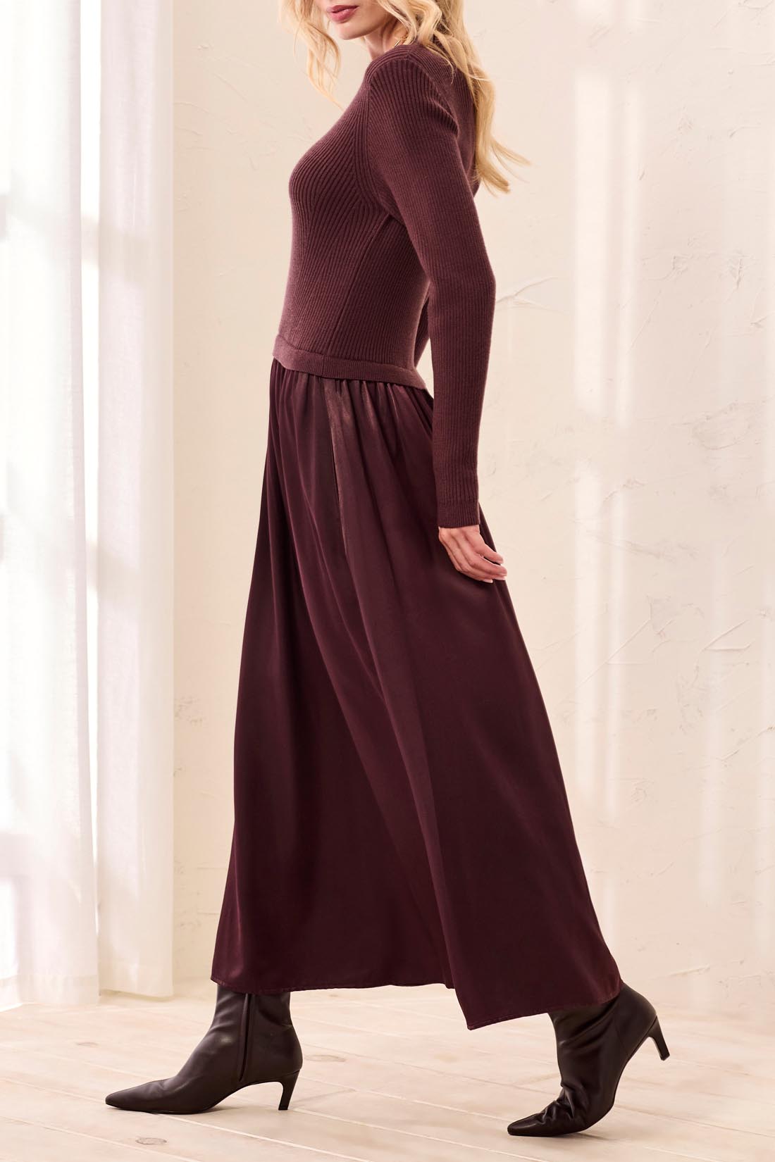 Long Sleeve Mixed Media Maxi Dress Fudge