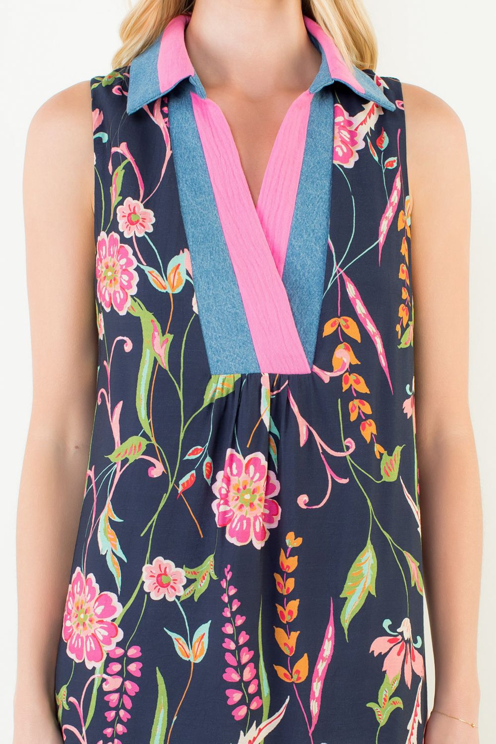 Sleeveless Floral Pattern Dress Navy