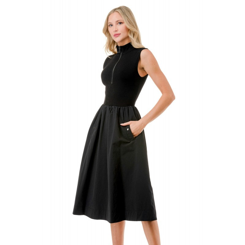Zip Mock Neck Contrast Skirt Midi Dress