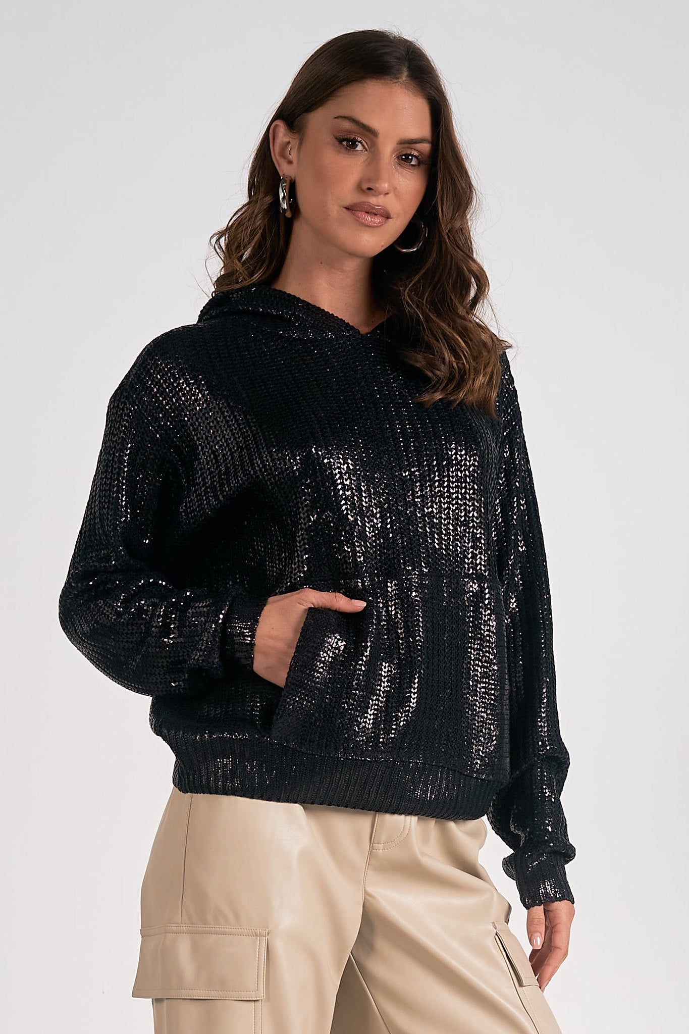 Metallic Sweater Knit Hoodie Black