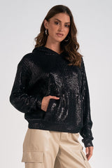 Metallic Sweater Knit Hoodie Black