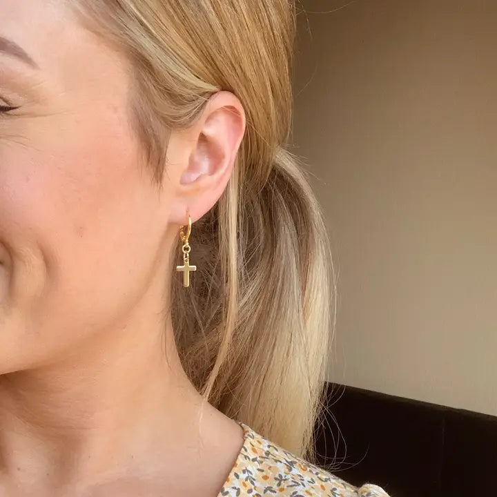 Cross Huggie Hoops-Gold
