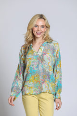 Collared Vneck Printed Blouse Turquoise Yellow Multi