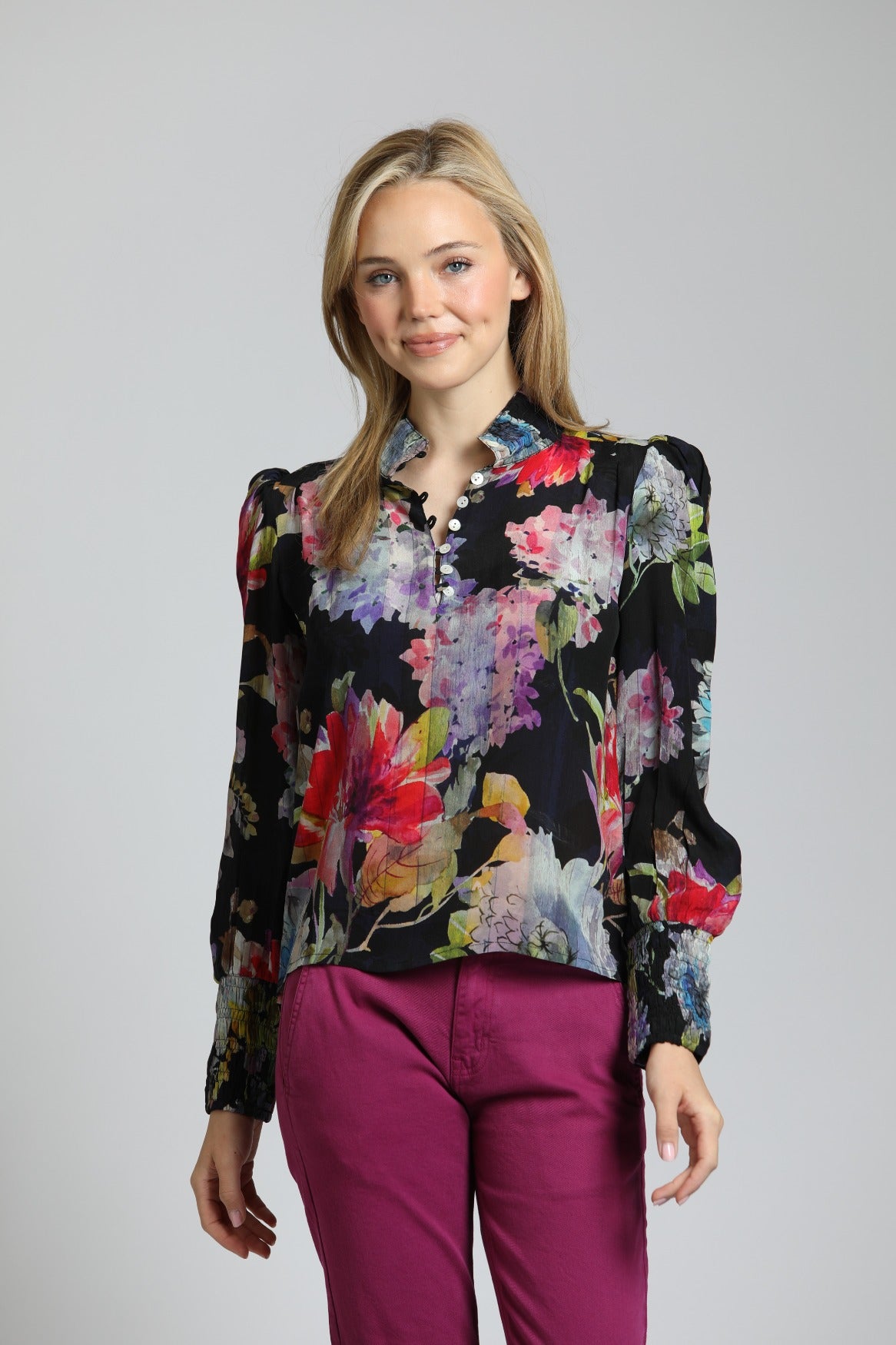 Colorful Painted Bloom Puff Sleeve Blouse Multi