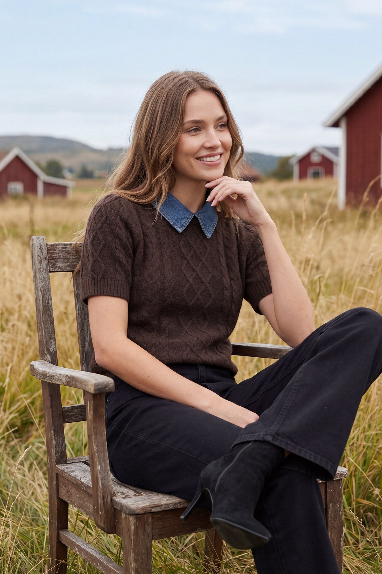 Short Sleeve Denim Collar Cable Sweater Top Brown