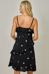 Asymmetric Ruffle Floral Embroidered Mini Dress Black
