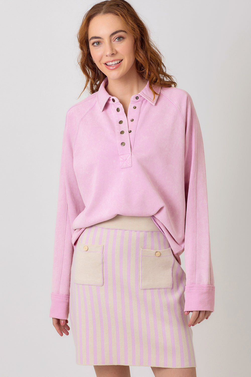 Collared Button Neck Terry Long Sleeve Top Lavender Pink