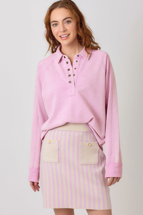 Collared Button Neck Terry Long Sleeve Top Lavender Pink