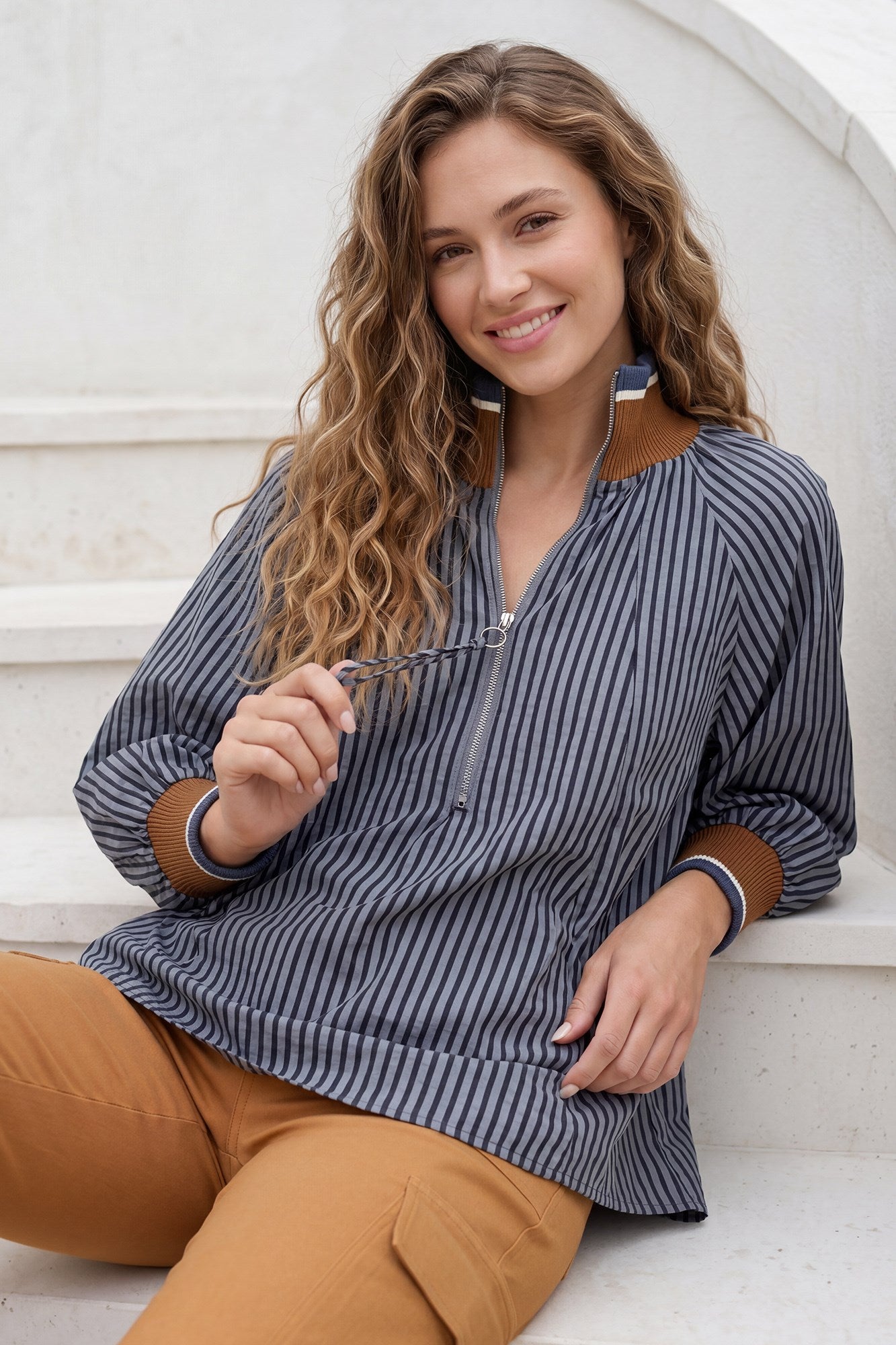 3/4 Sleeve Half Zip Stripe Top Navy