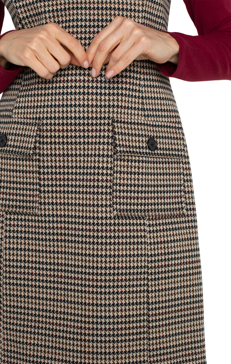 Sleeveless Front Pockets Shift Dress Black + Tan Houndstooth