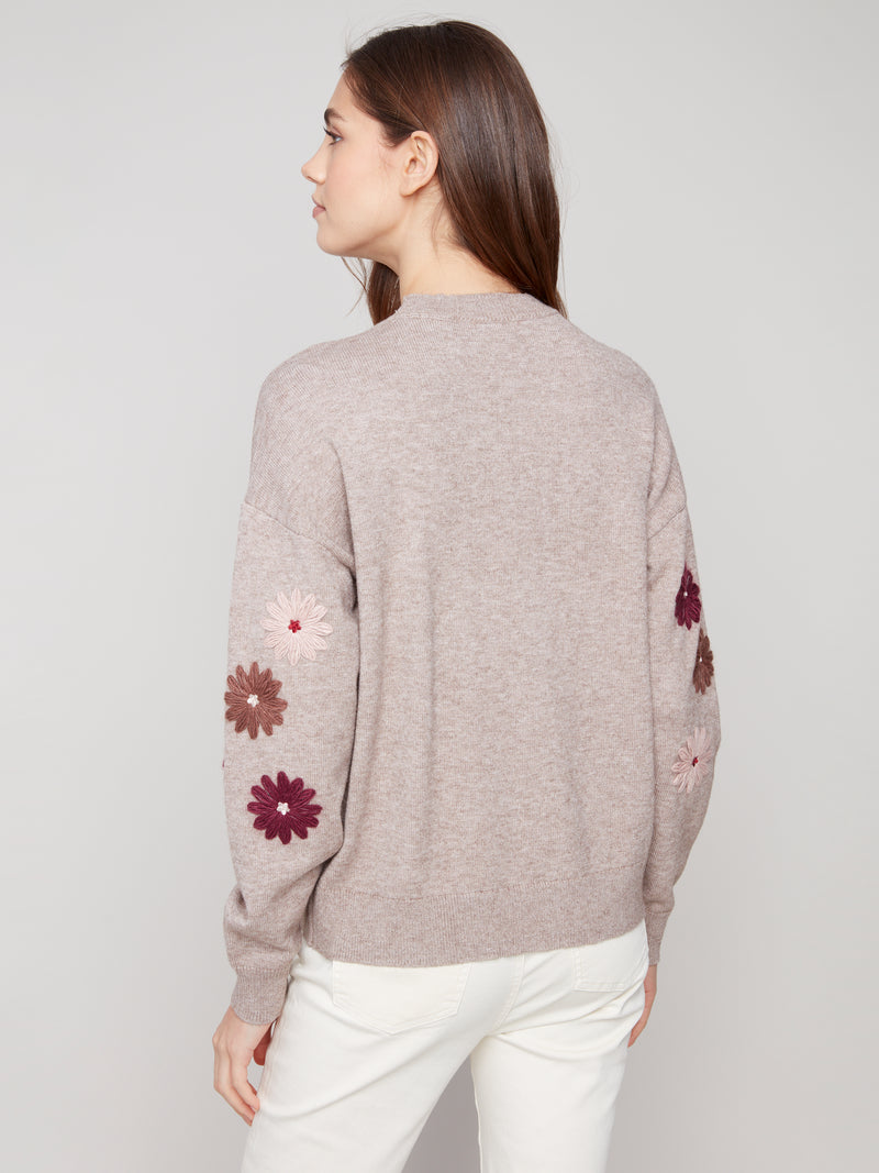 Floral Embroidery Crew Neck Sweater Heather Taupe