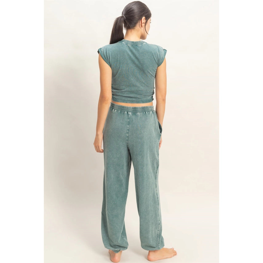 Rolled Sleeve Wrap Front Crop Top Jogger Set Dark Teal