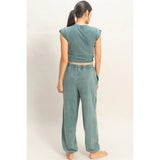 Rolled Sleeve Wrap Front Crop Top Jogger Set Dark Teal
