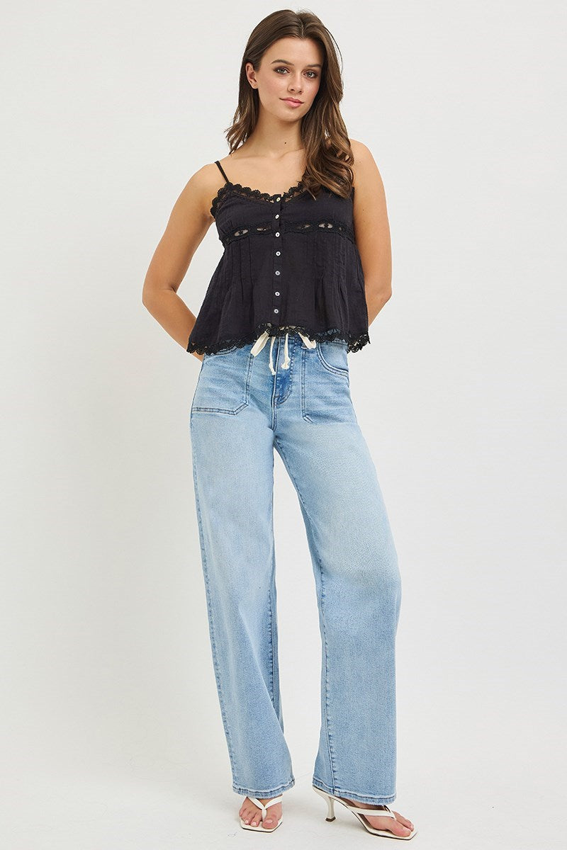 Tied Waistband High Rise Wide Baggy Jeans Light