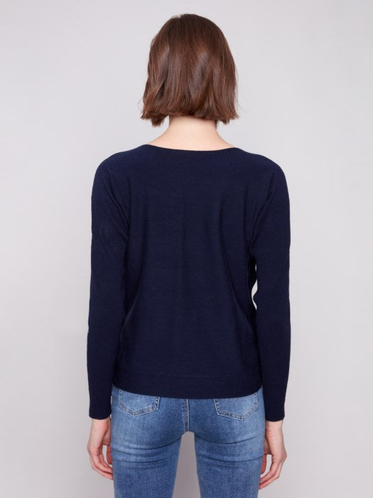 Side Button Detail Boat Neck Sweater Navy
