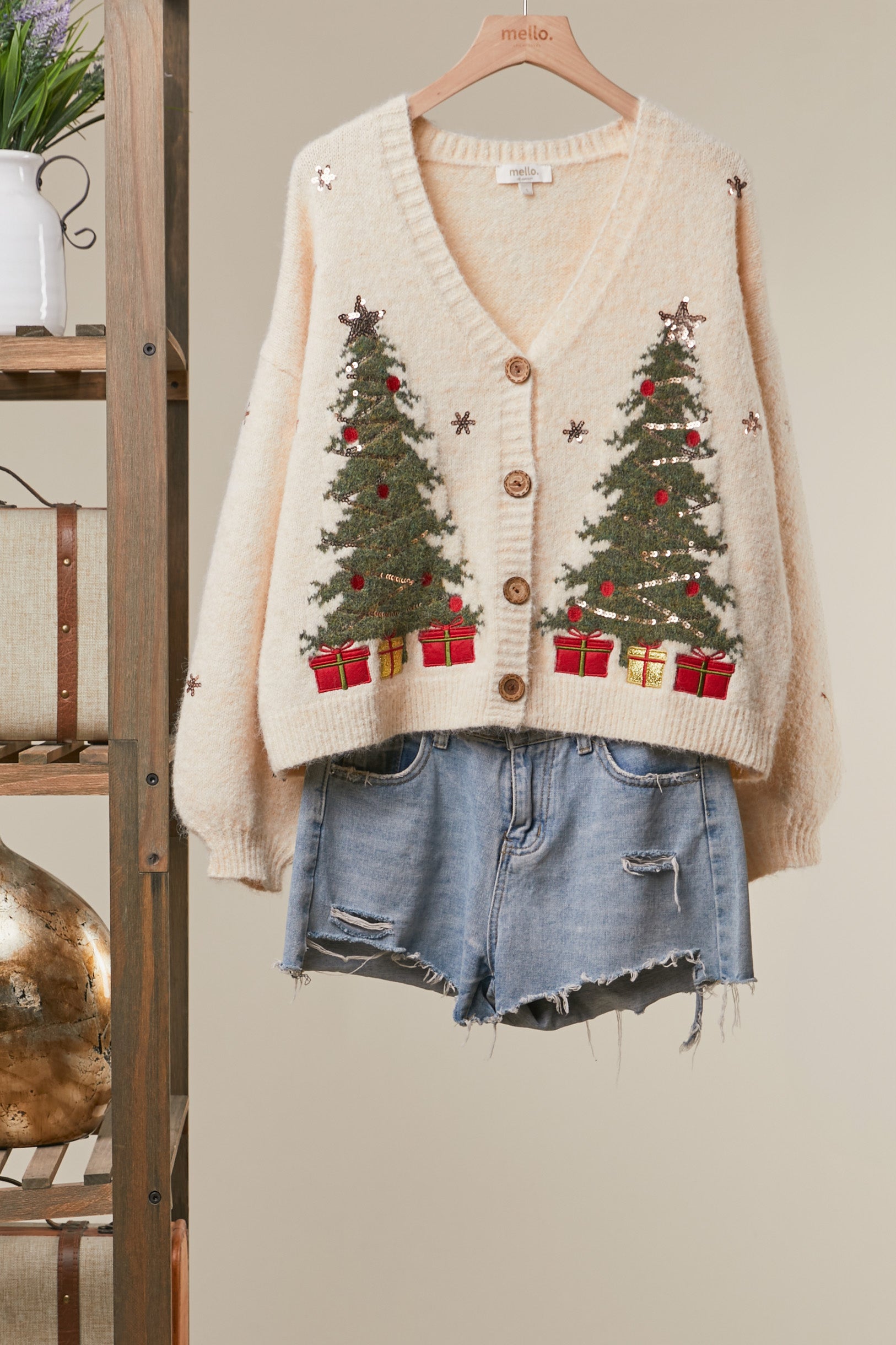 Christmas Tree Embroidered Soft Cardigan Ivory
