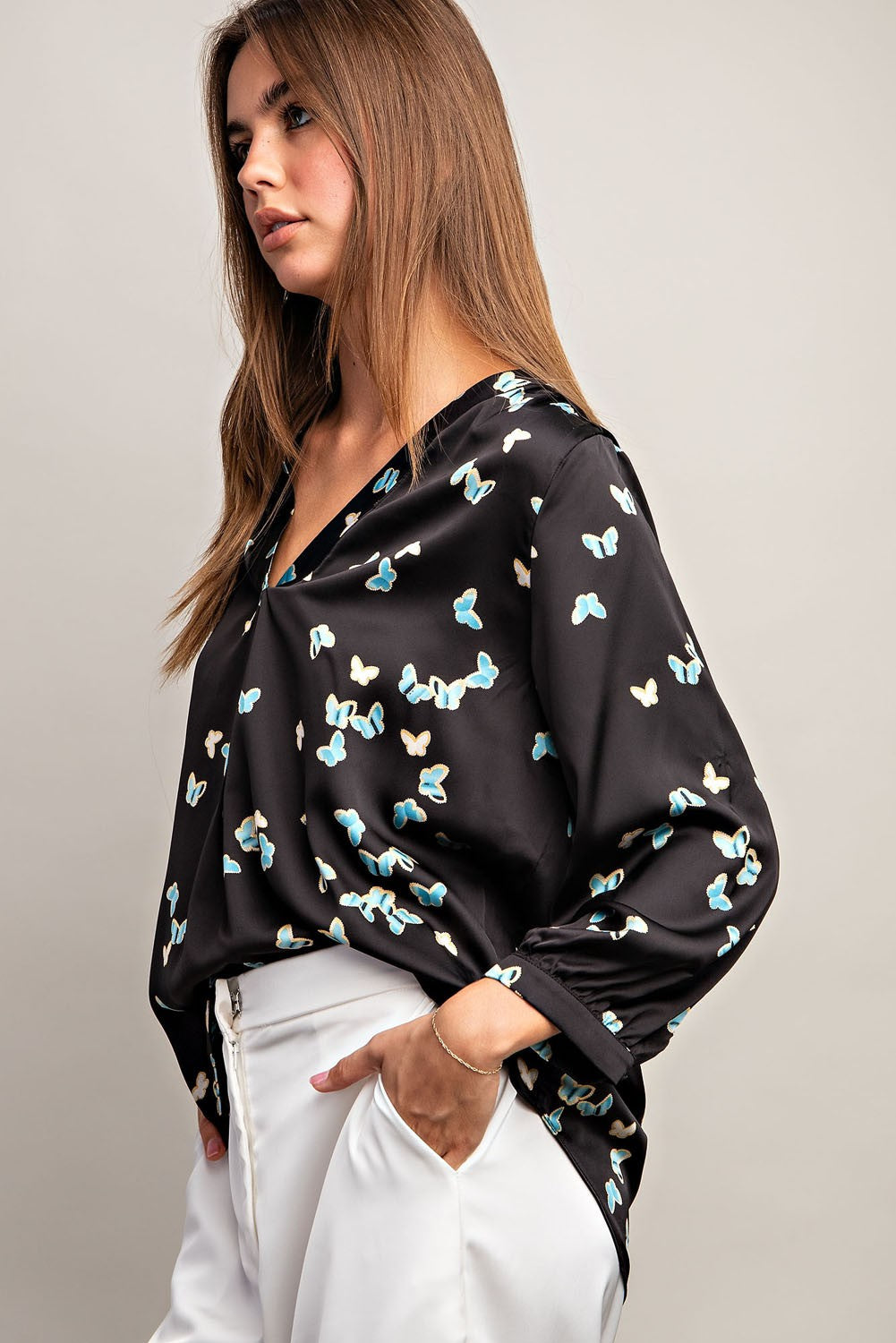 Butterfly Print Button Cuff Blouse Blue