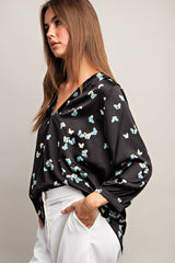 Butterfly Print Button Cuff Blouse Blue
