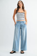 Mid Rise Lightweight Pleated Wide Leg Jeans Light Denim