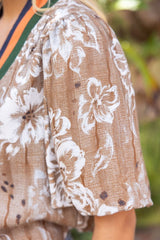 Multi Stripe Placket Floral Print Button Down Top Brown