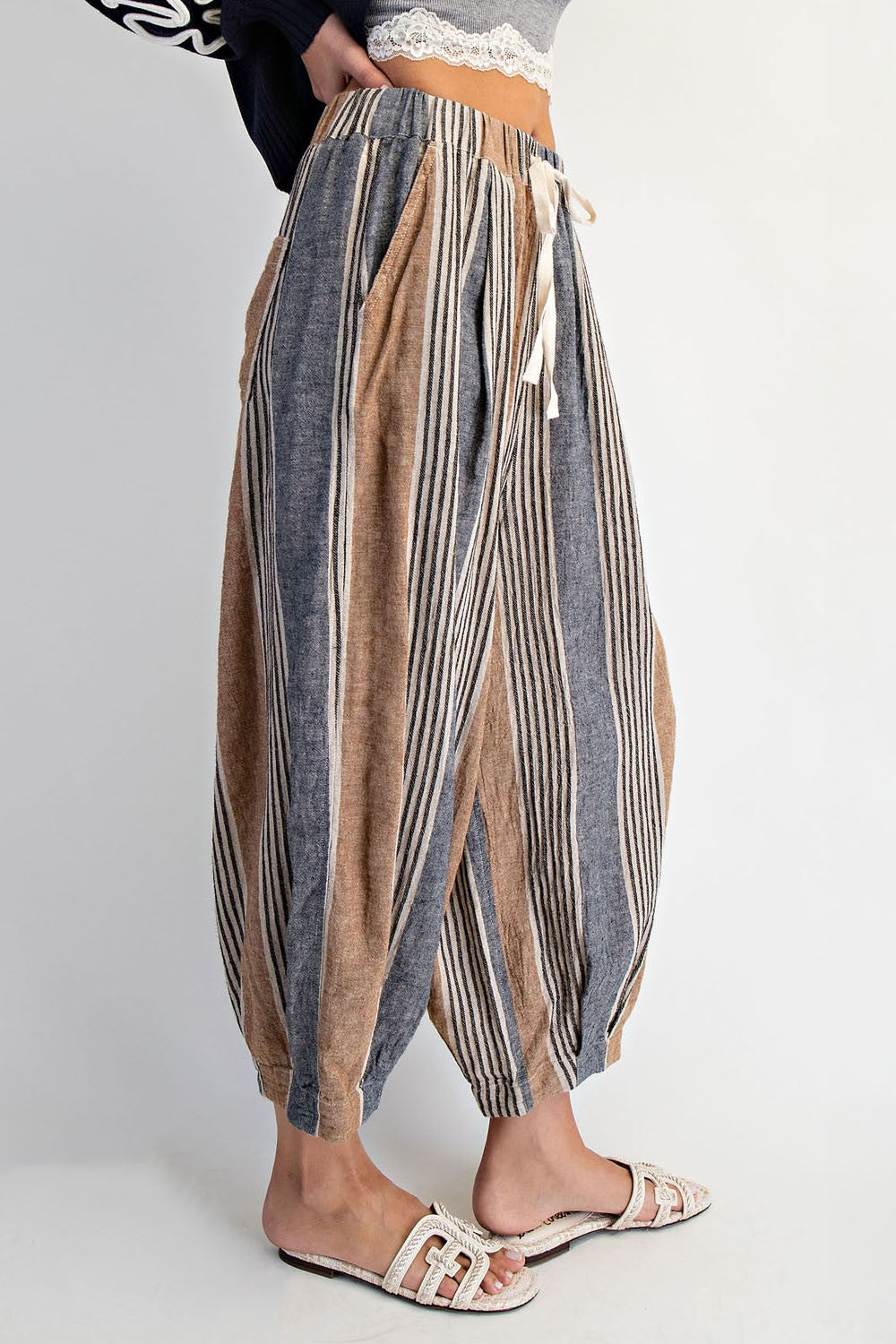 Linen Blend Stripe Balloon Pants Taupe Stripe