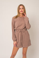 Ribbed Long Sleeve Waist Tie Romper Mocha