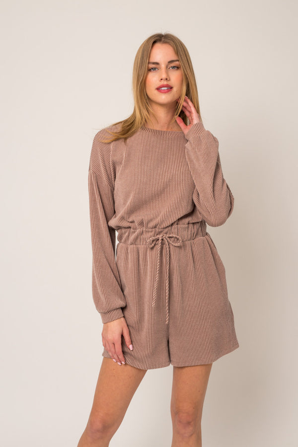 Ribbed Long Sleeve Waist Tie Romper