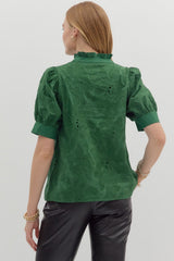 Floral Embroidered Puff Sleeve Pleated Collar Top Green