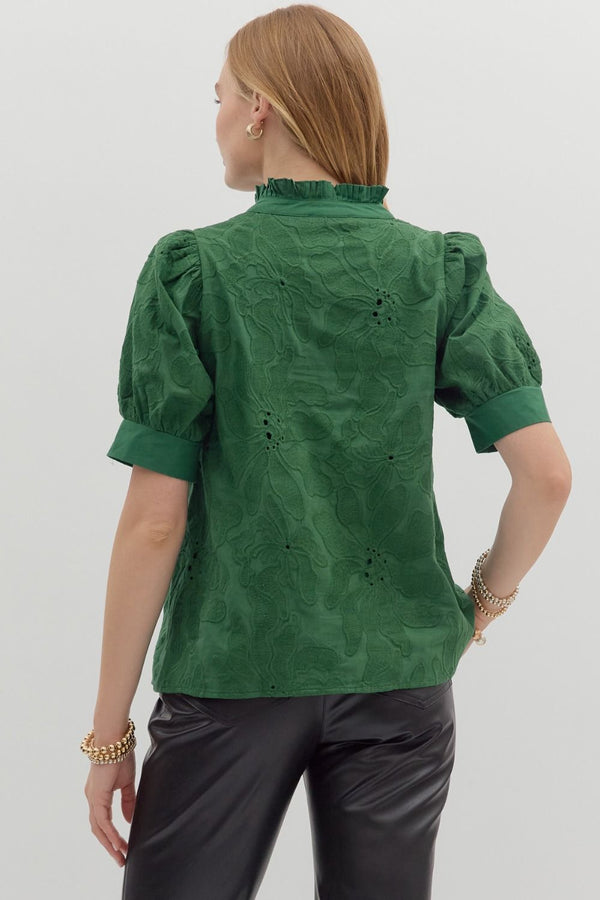 Floral Embroidered Puff Sleeve Pleated Collar Top Green