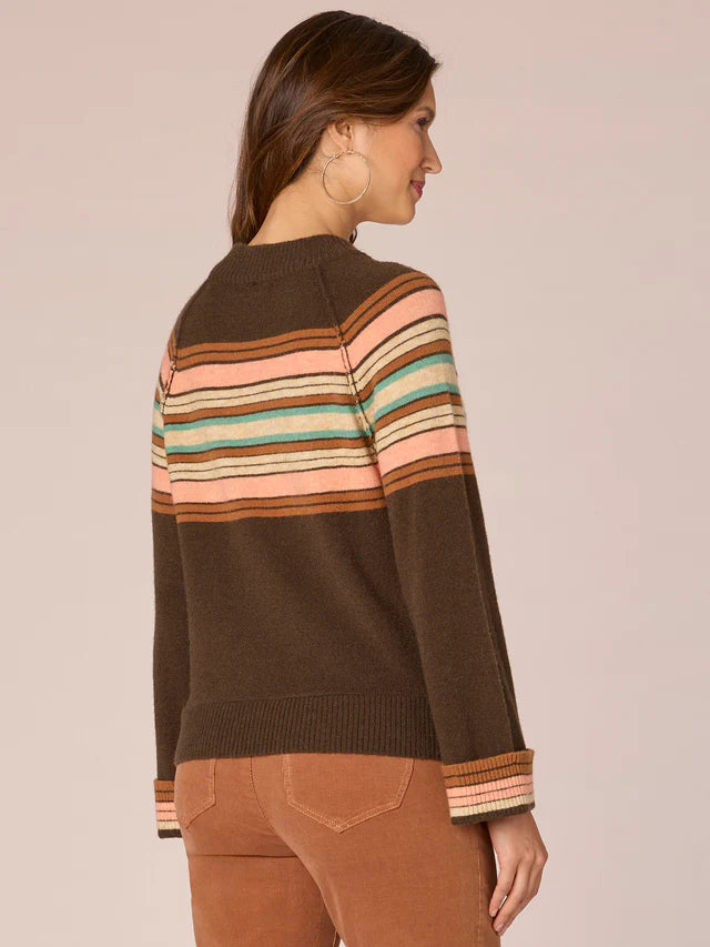 Cuffed Long Sleeve Stripe Mock Neck Sweater Brown Guava Multi