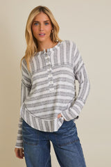Button Down Raw Edge Stripe White-Grey Stripe