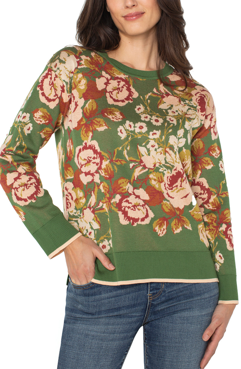 Floral Printed Long Sleeve Crew Neck Sweater Green Multi Floral