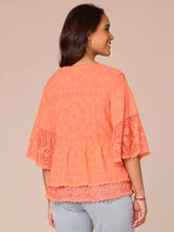 3/4 Bell Sleeve Double Flounce Peplum Emb. Top Nectarine